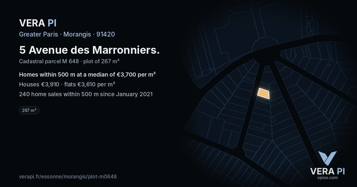 5 Avenue des Marronniers, Morangis at night – the plot lit, the parcels around coloured by the prices near them