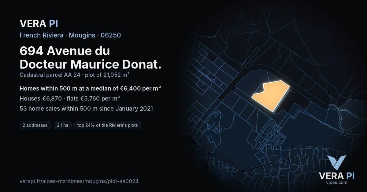694 Avenue du Docteur Maurice Donat, Mougins at night – the plot lit, the parcels around coloured by the prices near them