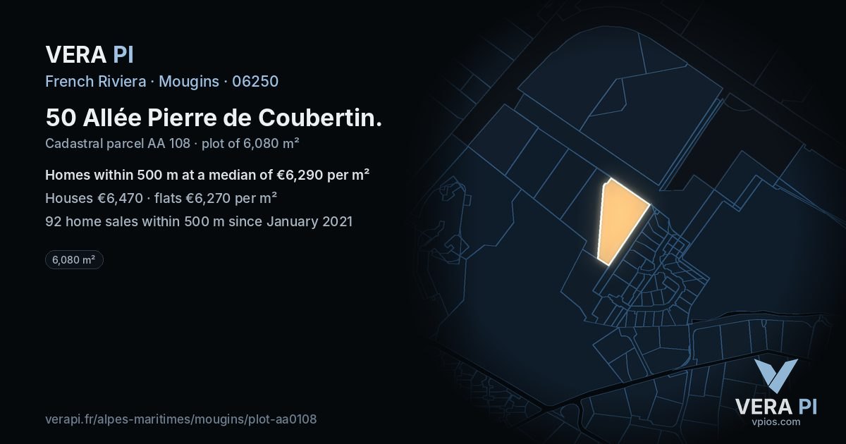 50 Allée Pierre de Coubertin, Mougins at night – the plot lit, the parcels around coloured by the prices near them