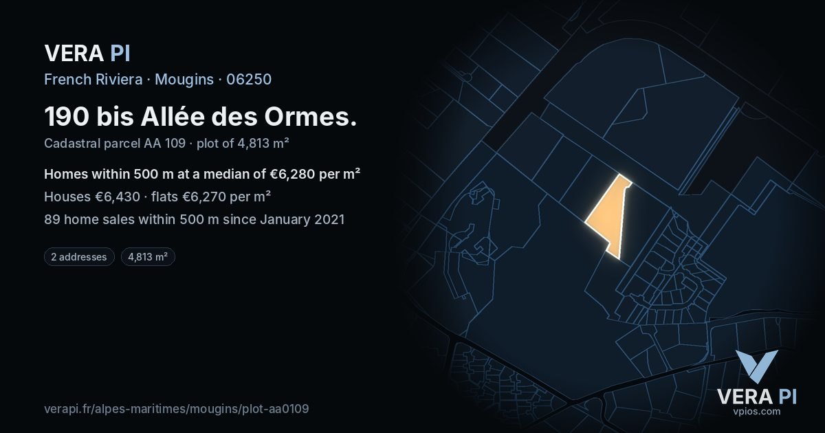 190 bis Allée des Ormes, Mougins at night – the plot lit, the parcels around coloured by the prices near them