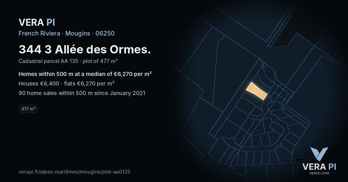 344 3 Allée des Ormes, Mougins at night – the plot lit, the parcels around coloured by the prices near them