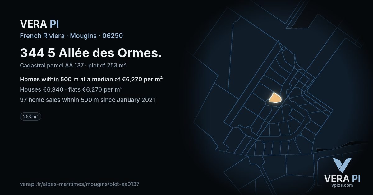 344 5 Allée des Ormes, Mougins at night – the plot lit, the parcels around coloured by the prices near them