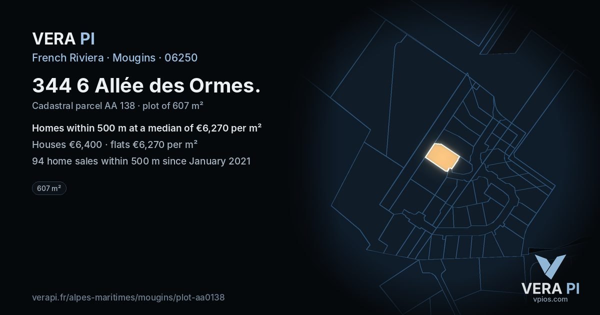 344 6 Allée des Ormes, Mougins at night – the plot lit, the parcels around coloured by the prices near them