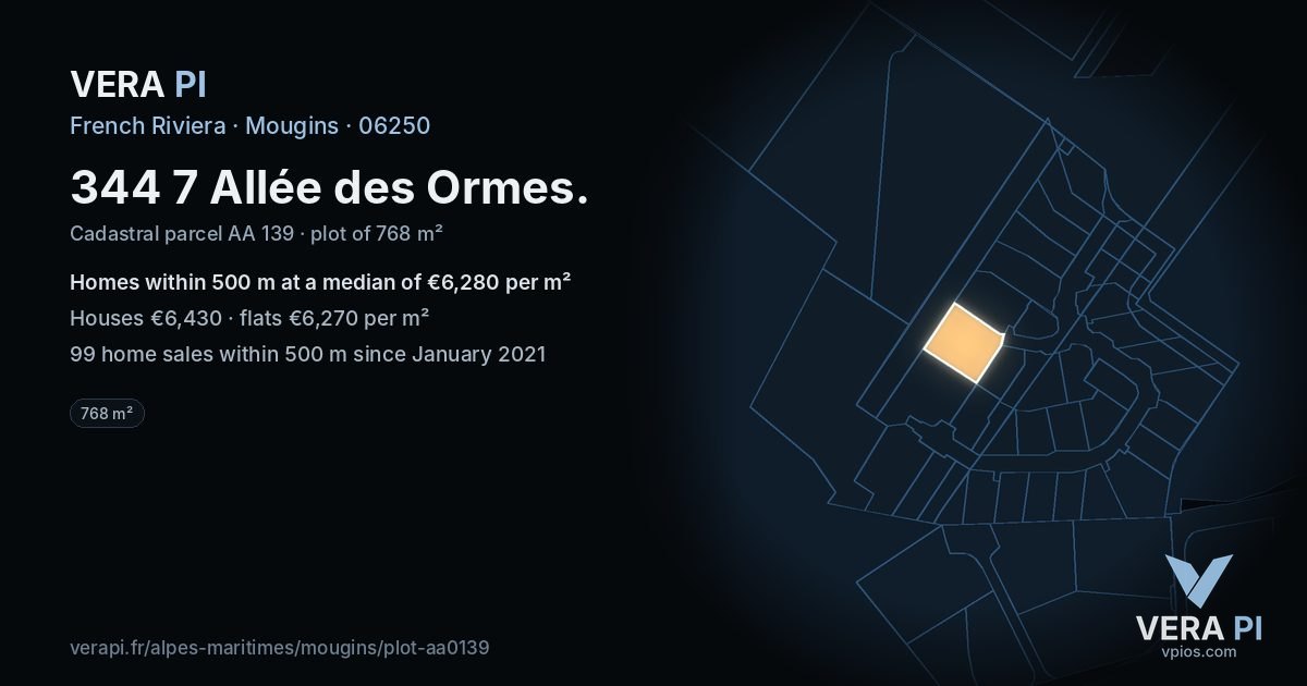 344 7 Allée des Ormes, Mougins at night – the plot lit, the parcels around coloured by the prices near them