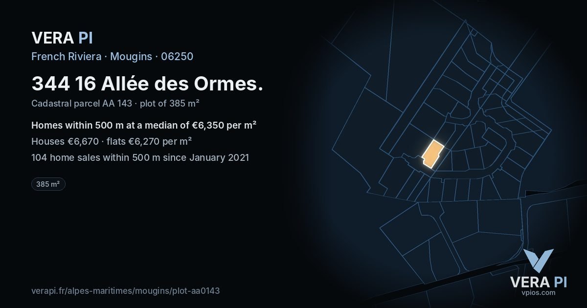 344 16 Allée des Ormes, Mougins at night – the plot lit, the parcels around coloured by the prices near them