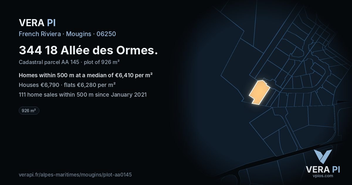 344 18 Allée des Ormes, Mougins at night – the plot lit, the parcels around coloured by the prices near them