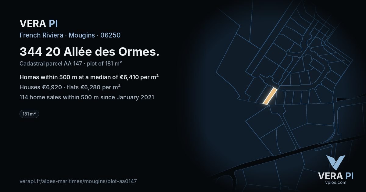 344 20 Allée des Ormes, Mougins at night – the plot lit, the parcels around coloured by the prices near them