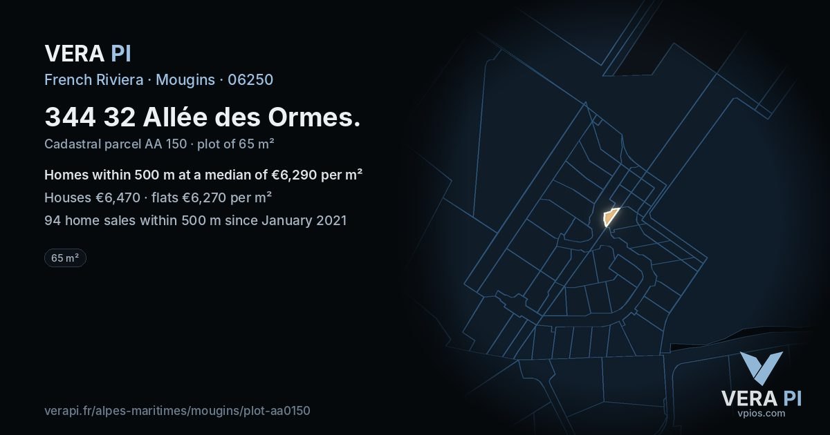 344 32 Allée des Ormes, Mougins at night – the plot lit, the parcels around coloured by the prices near them