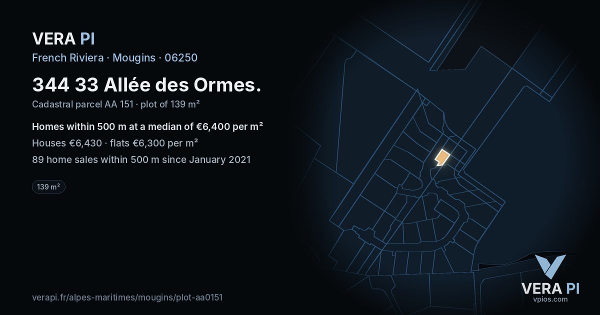 344 33 Allée des Ormes, Mougins at night – the plot lit, the parcels around coloured by the prices near them