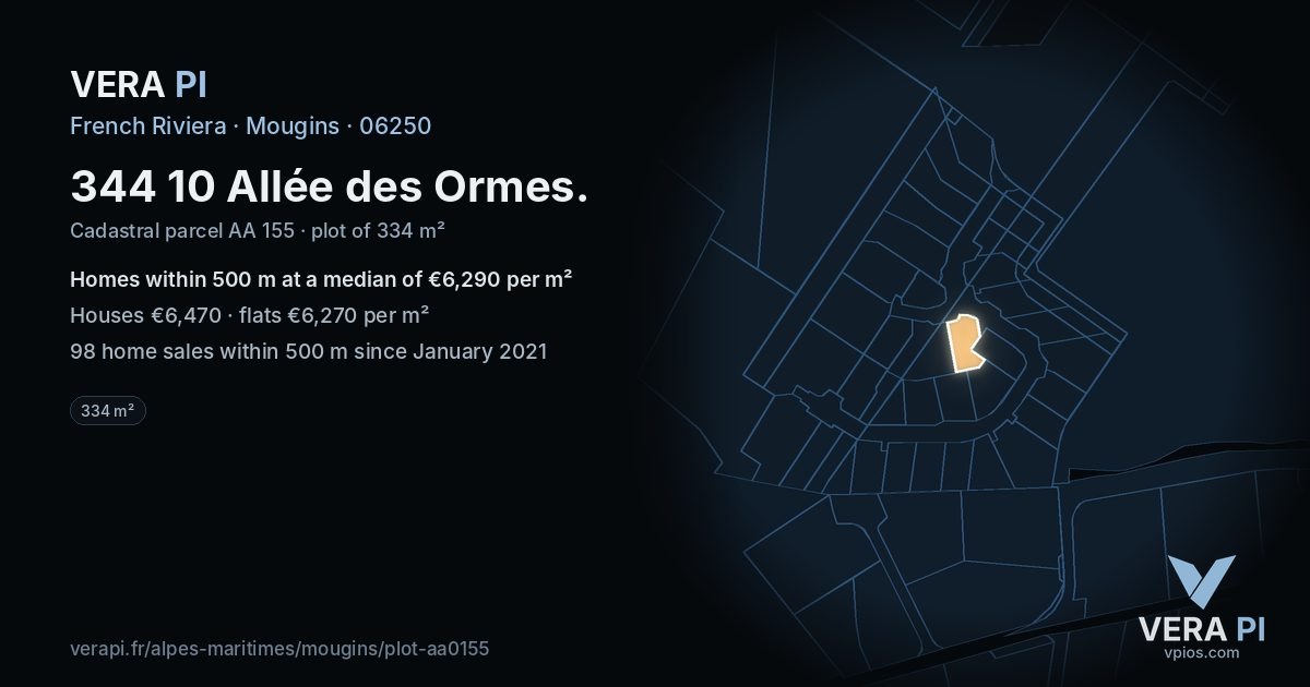 344 10 Allée des Ormes, Mougins at night – the plot lit, the parcels around coloured by the prices near them