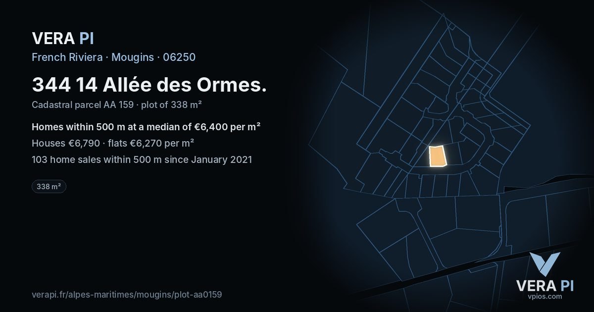 344 14 Allée des Ormes, Mougins at night – the plot lit, the parcels around coloured by the prices near them