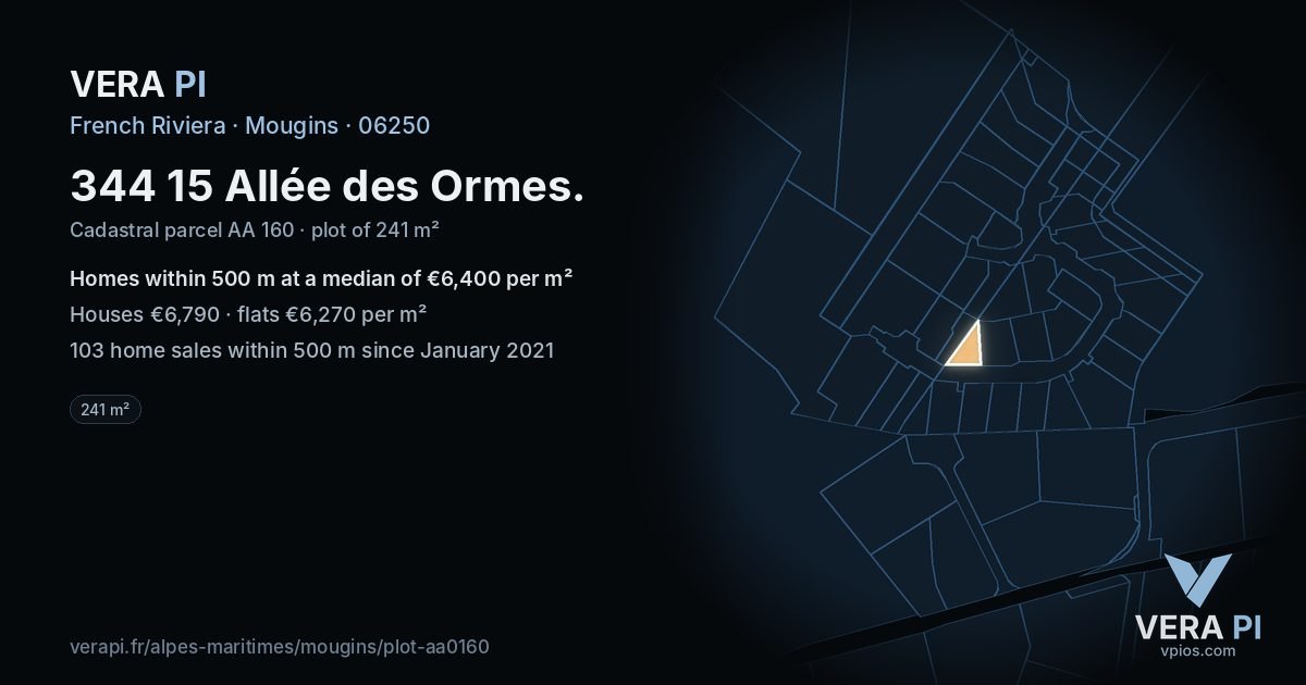 344 15 Allée des Ormes, Mougins at night – the plot lit, the parcels around coloured by the prices near them