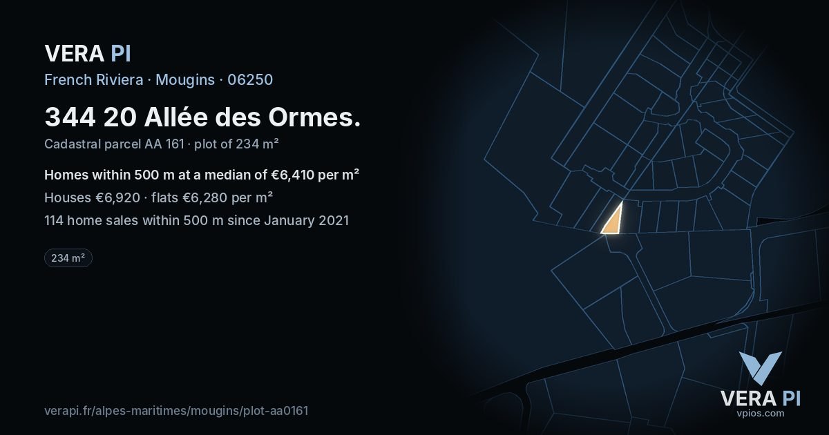 344 20 Allée des Ormes, Mougins at night – the plot lit, the parcels around coloured by the prices near them