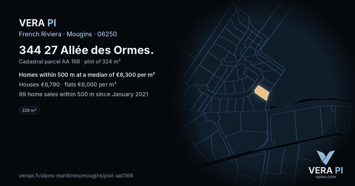 344 27 Allée des Ormes, Mougins at night – the plot lit, the parcels around coloured by the prices near them
