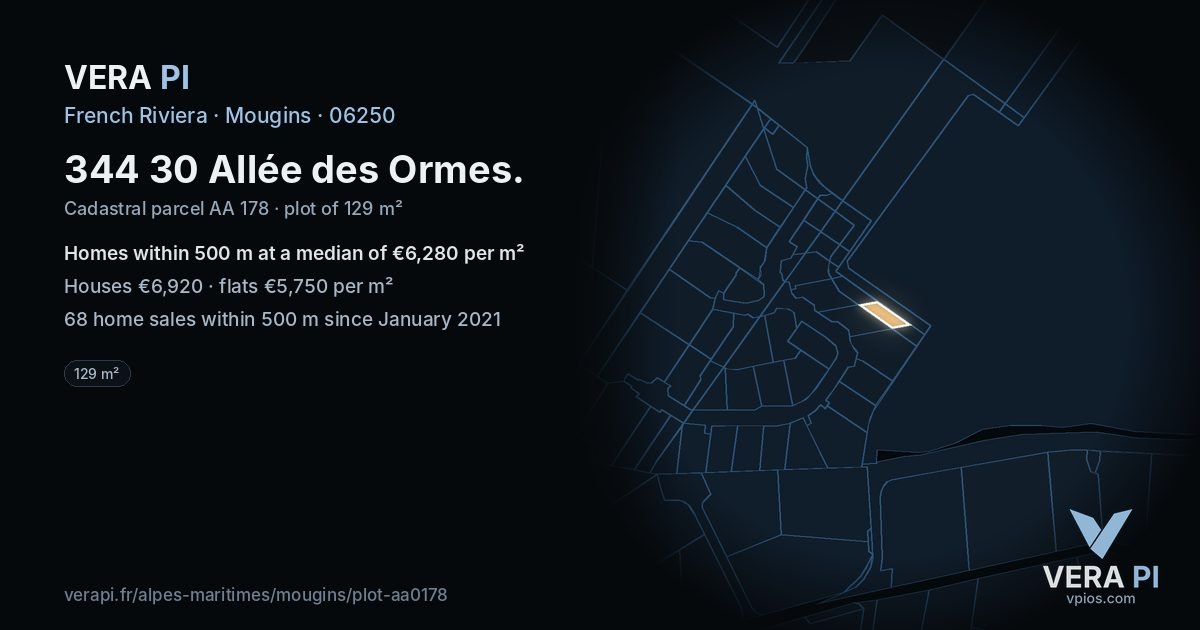 344 30 Allée des Ormes, Mougins at night – the plot lit, the parcels around coloured by the prices near them