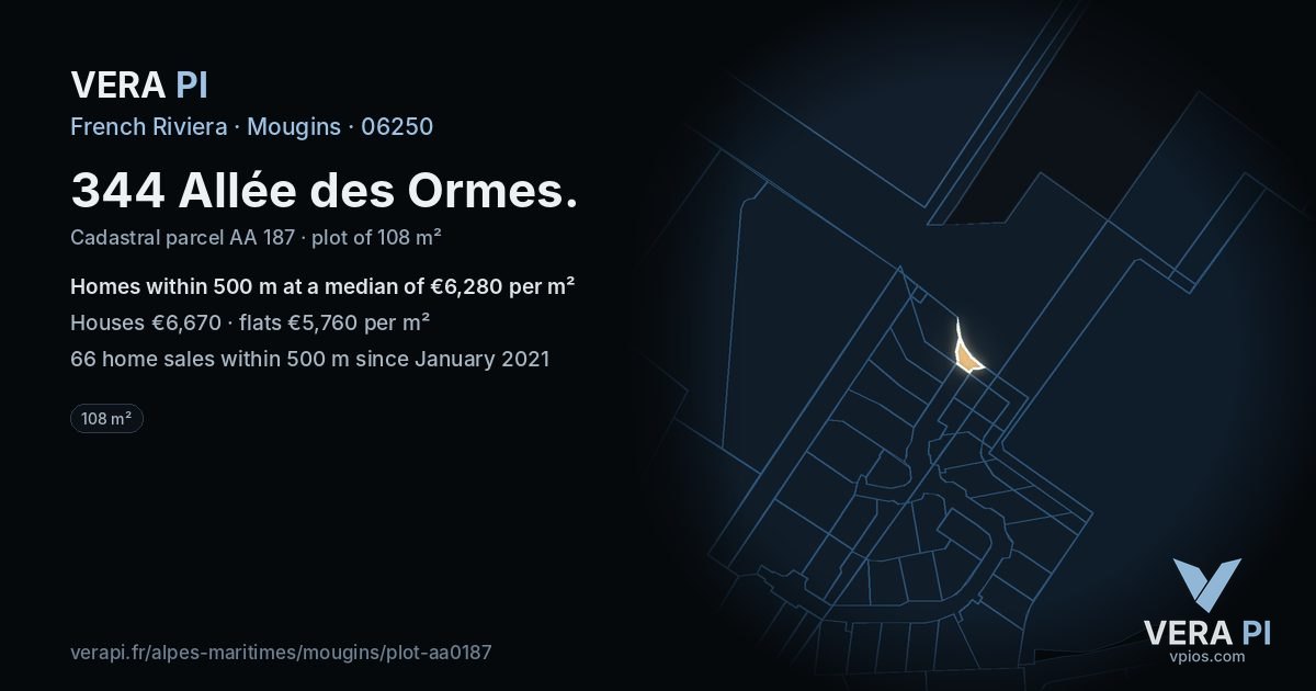 344 Allée des Ormes, Mougins at night – the plot lit, the parcels around coloured by the prices near them