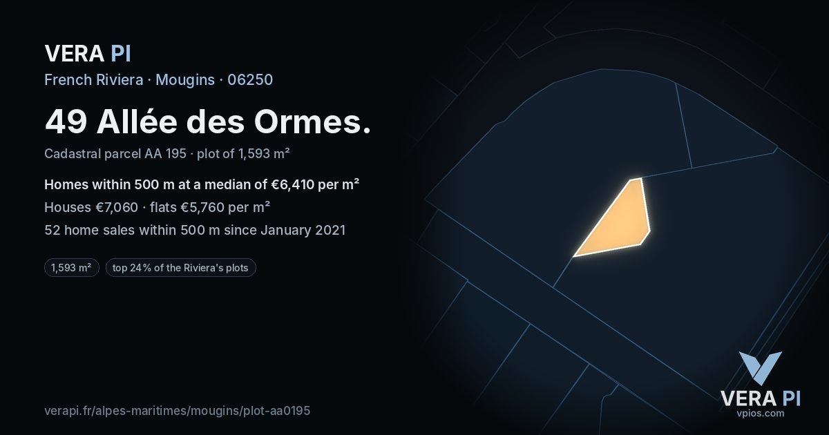 49 Allée des Ormes, Mougins at night – the plot lit, the parcels around coloured by the prices near them