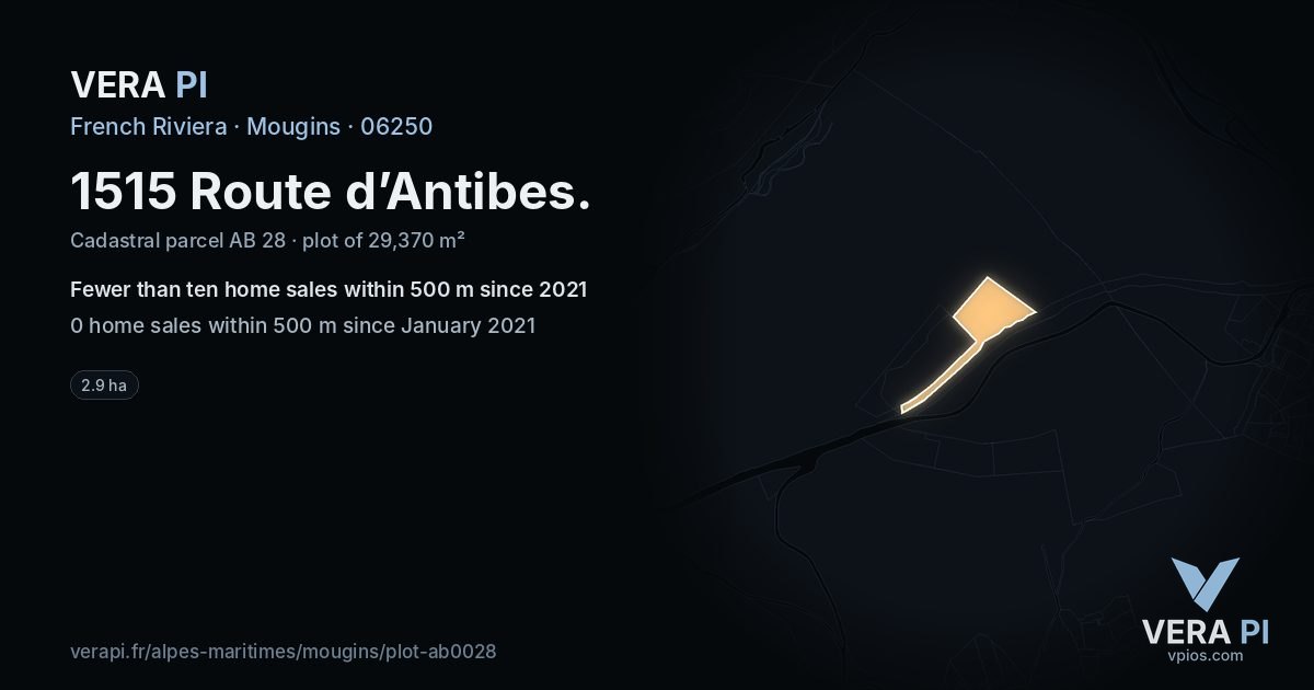 1515 Route d’Antibes, Mougins at night – the plot lit, the parcels around coloured by the prices near them
