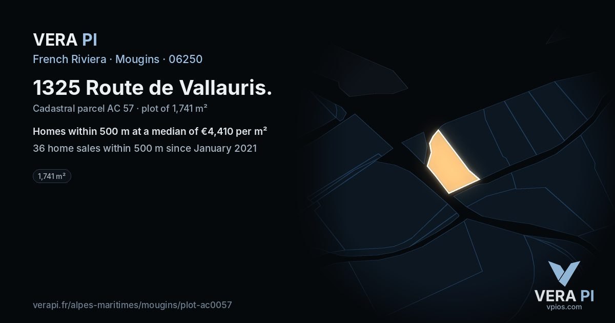 1325 Route de Vallauris, Mougins at night – the plot lit, the parcels around coloured by the prices near them