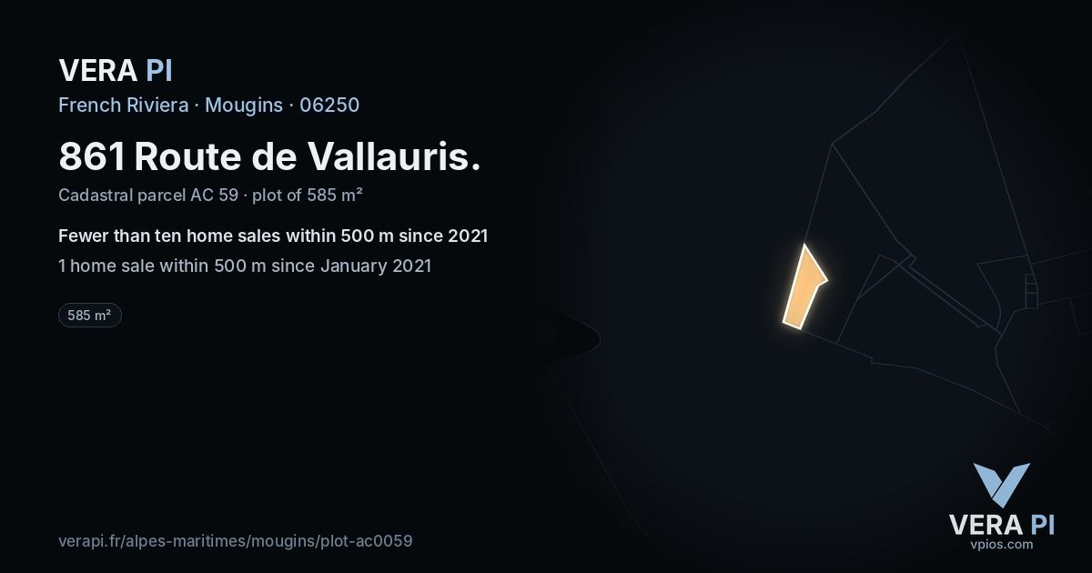 861 Route de Vallauris, Mougins at night – the plot lit, the parcels around coloured by the prices near them