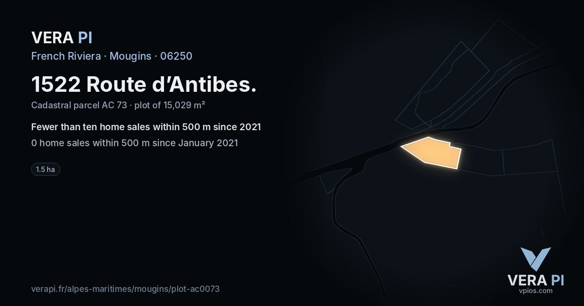 1522 Route d’Antibes, Mougins at night – the plot lit, the parcels around coloured by the prices near them