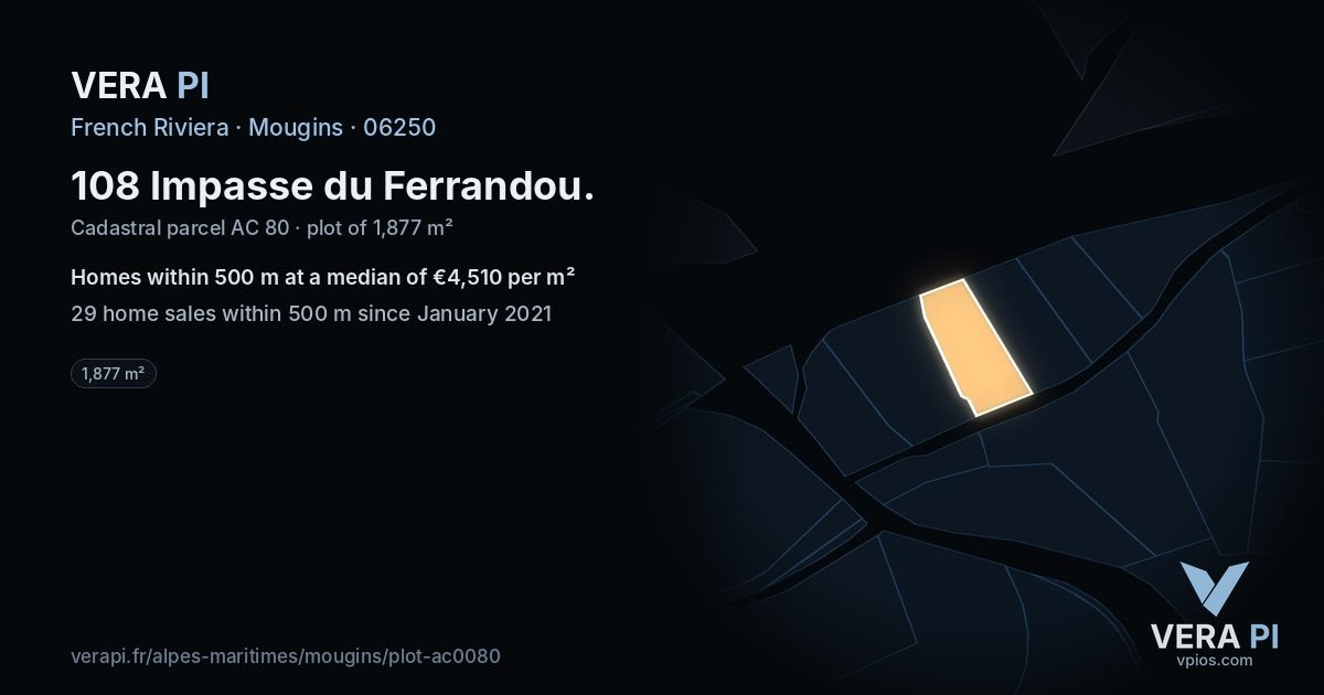 108 Impasse du Ferrandou, Mougins at night – the plot lit, the parcels around coloured by the prices near them