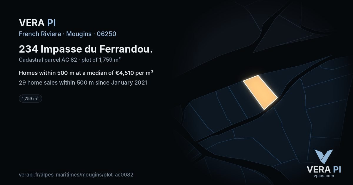 234 Impasse du Ferrandou, Mougins at night – the plot lit, the parcels around coloured by the prices near them