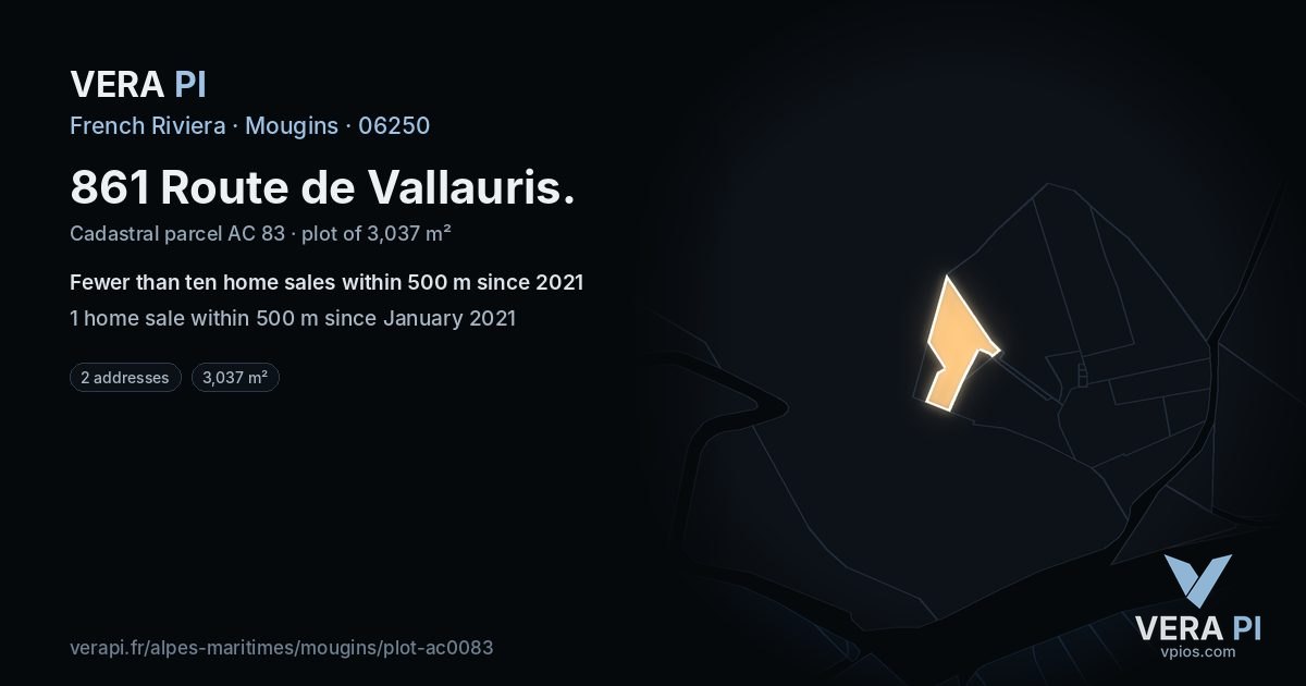 861 Route de Vallauris, Mougins at night – the plot lit, the parcels around coloured by the prices near them
