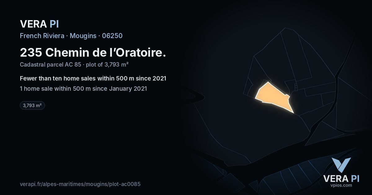 235 Chemin de l’Oratoire, Mougins at night – the plot lit, the parcels around coloured by the prices near them