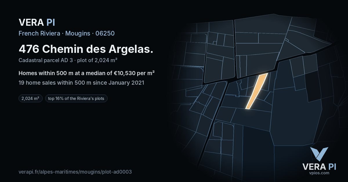 476 Chemin des Argelas, Mougins at night – the plot lit, the parcels around coloured by the prices near them