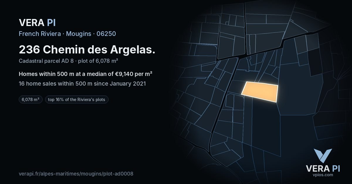 236 Chemin des Argelas, Mougins at night – the plot lit, the parcels around coloured by the prices near them