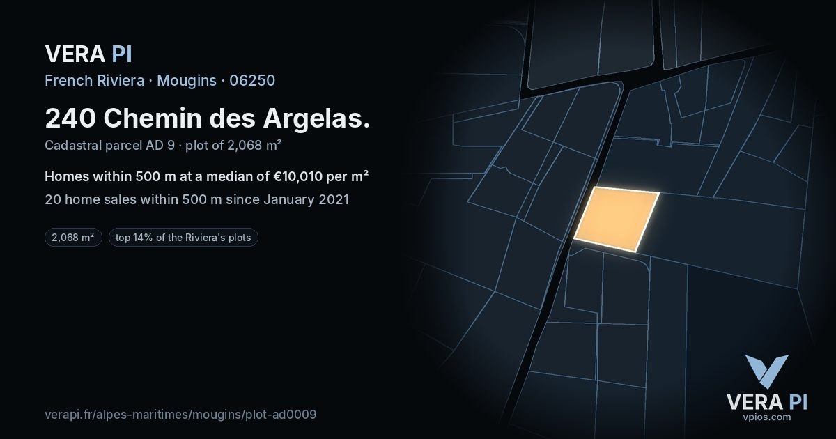 240 Chemin des Argelas, Mougins at night – the plot lit, the parcels around coloured by the prices near them