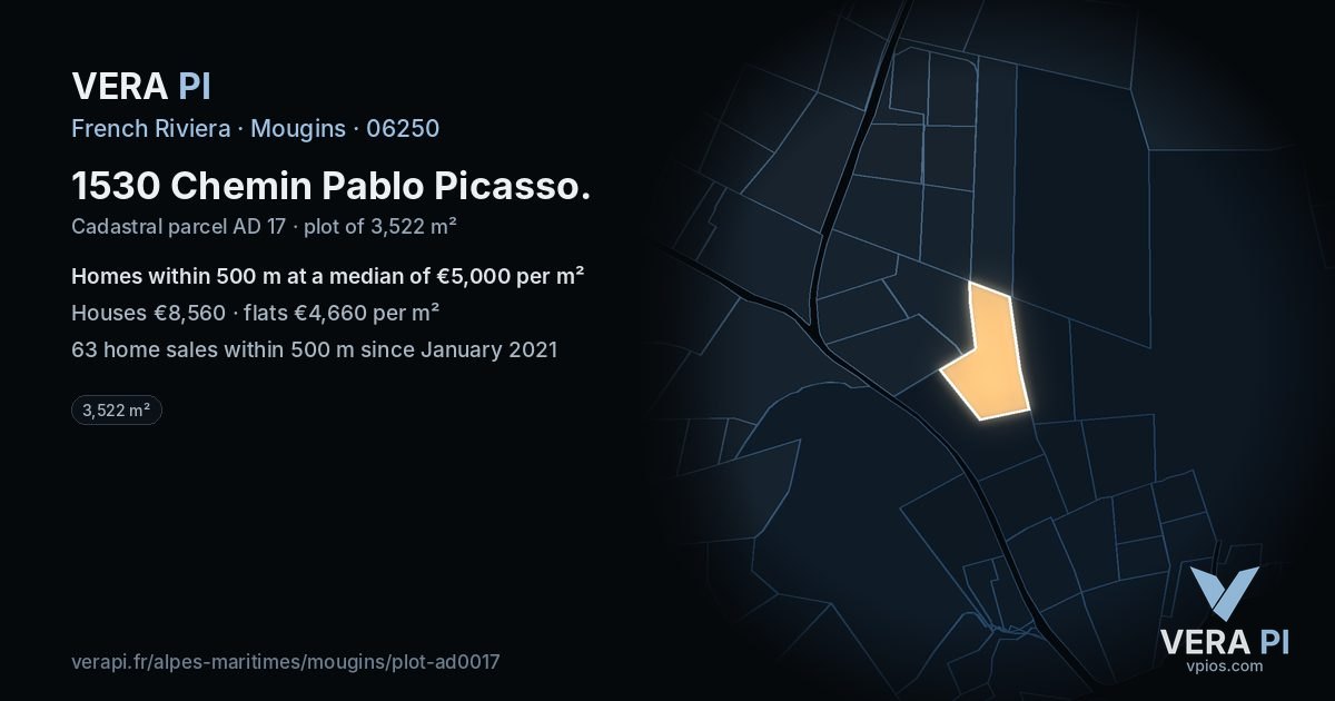1530 Chemin Pablo Picasso, Mougins at night – the plot lit, the parcels around coloured by the prices near them