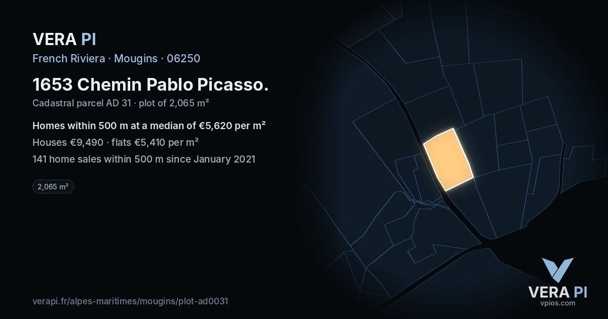 1653 Chemin Pablo Picasso, Mougins at night – the plot lit, the parcels around coloured by the prices near them