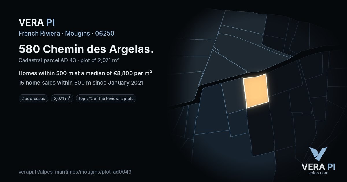 580 Chemin des Argelas, Mougins at night – the plot lit, the parcels around coloured by the prices near them
