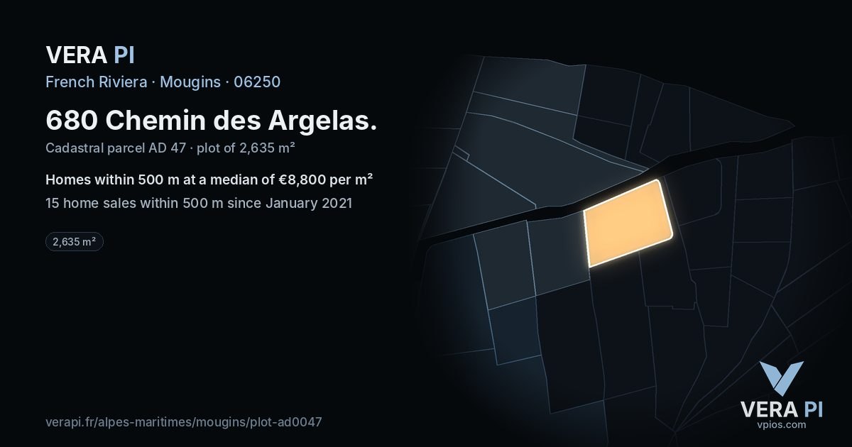 680 Chemin des Argelas, Mougins at night – the plot lit, the parcels around coloured by the prices near them