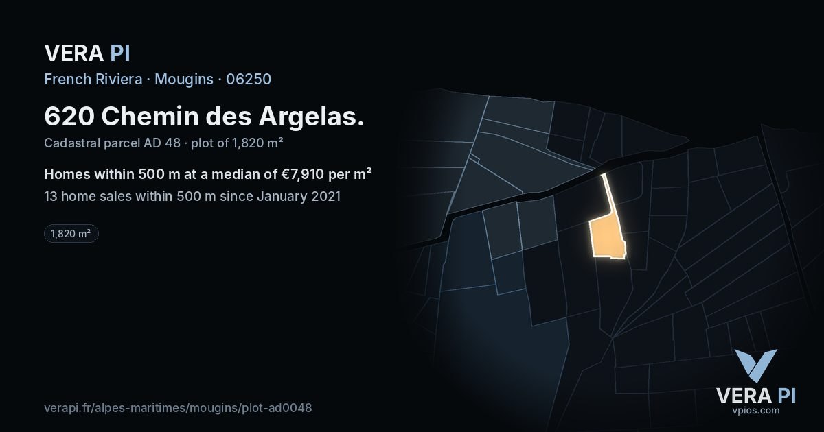 620 Chemin des Argelas, Mougins at night – the plot lit, the parcels around coloured by the prices near them