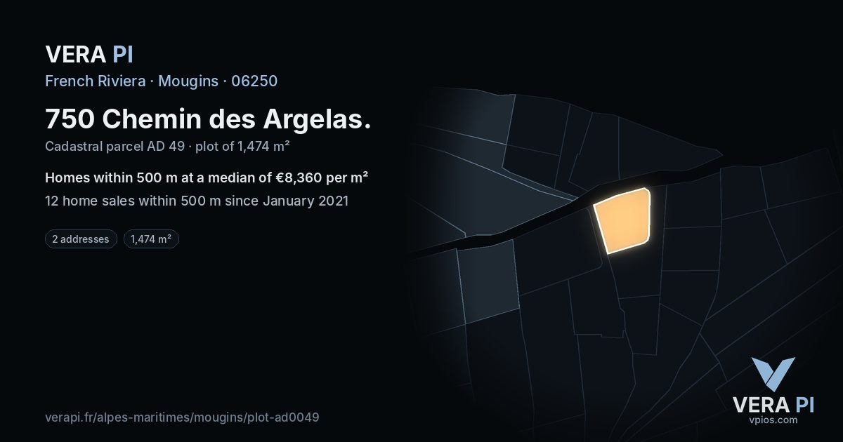750 Chemin des Argelas, Mougins at night – the plot lit, the parcels around coloured by the prices near them