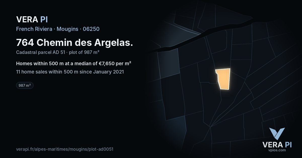 764 Chemin des Argelas, Mougins at night – the plot lit, the parcels around coloured by the prices near them