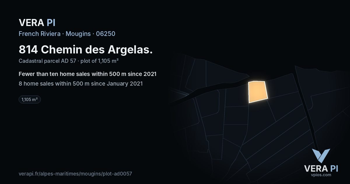 814 Chemin des Argelas, Mougins at night – the plot lit, the parcels around coloured by the prices near them