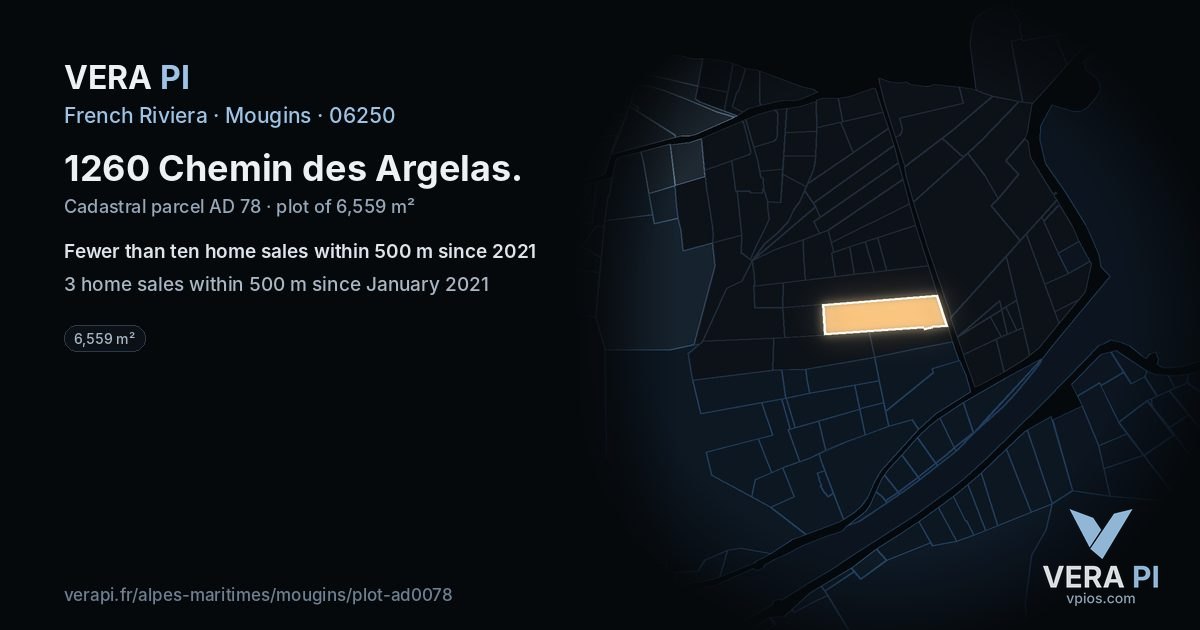 1260 Chemin des Argelas, Mougins at night – the plot lit, the parcels around coloured by the prices near them
