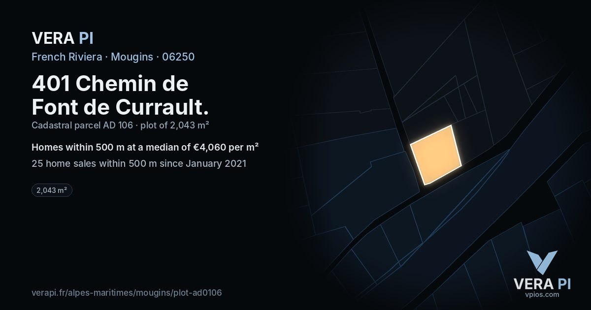 401 Chemin de Font de Currault, Mougins at night – the plot lit, the parcels around coloured by the prices near them