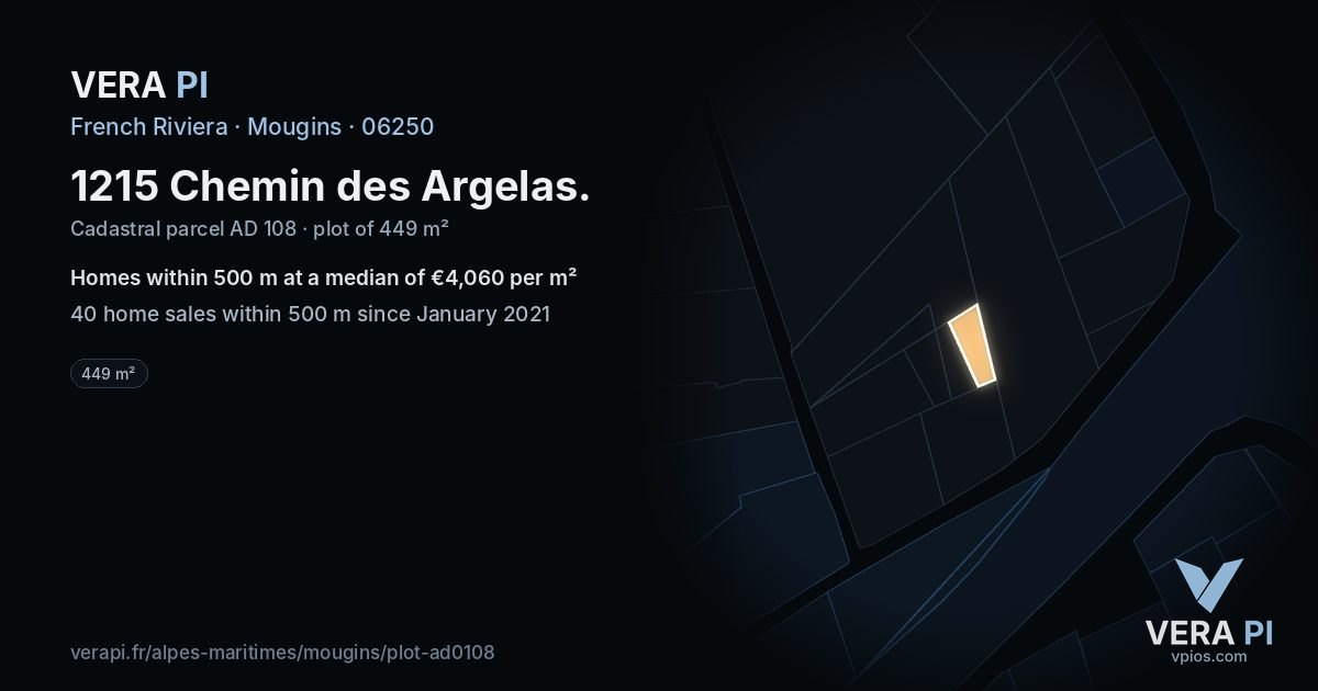 1215 Chemin des Argelas, Mougins at night – the plot lit, the parcels around coloured by the prices near them