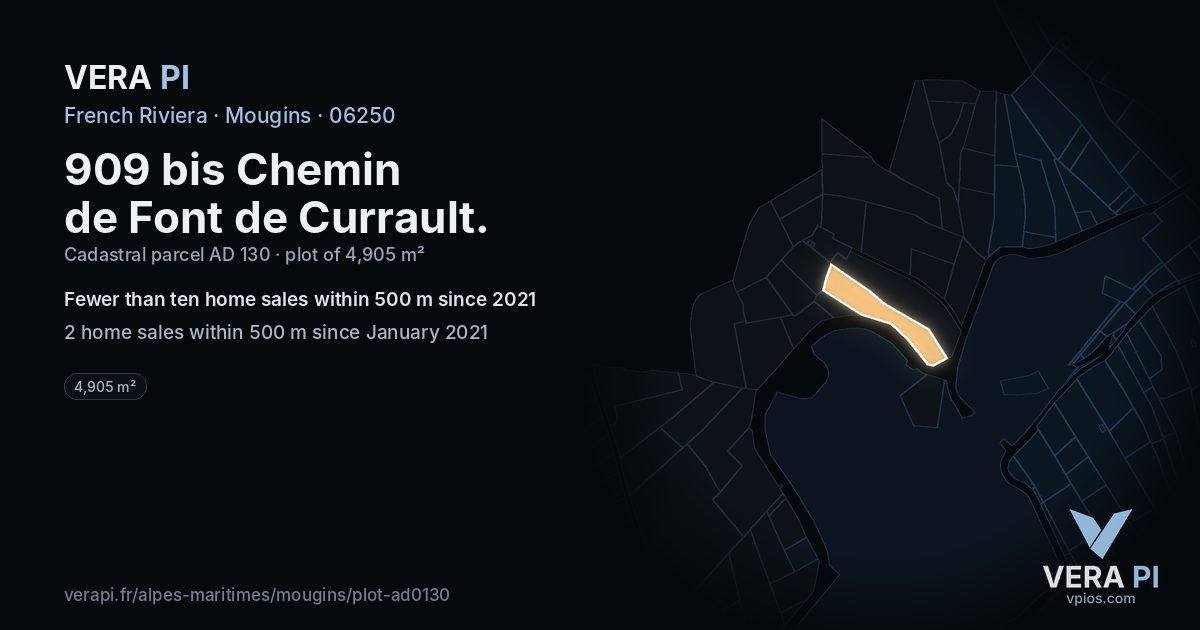 909 bis Chemin de Font de Currault, Mougins at night – the plot lit, the parcels around coloured by the prices near them