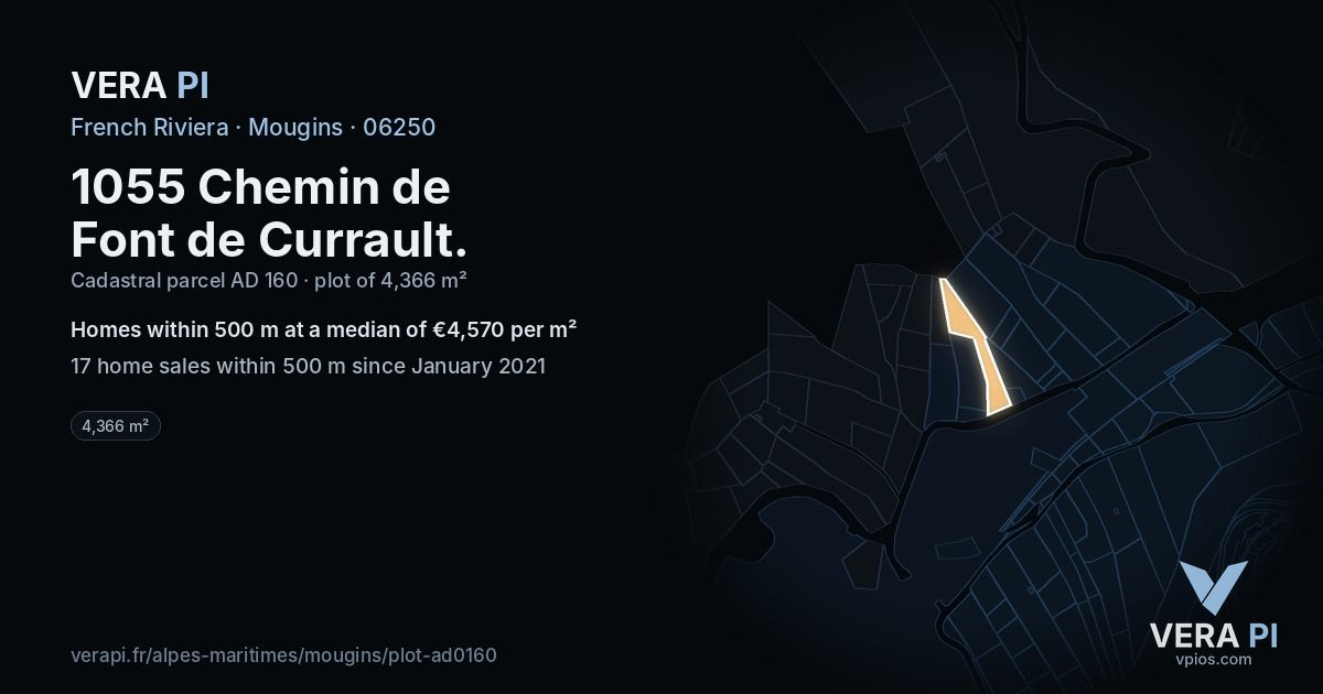 1055 Chemin de Font de Currault, Mougins at night – the plot lit, the parcels around coloured by the prices near them