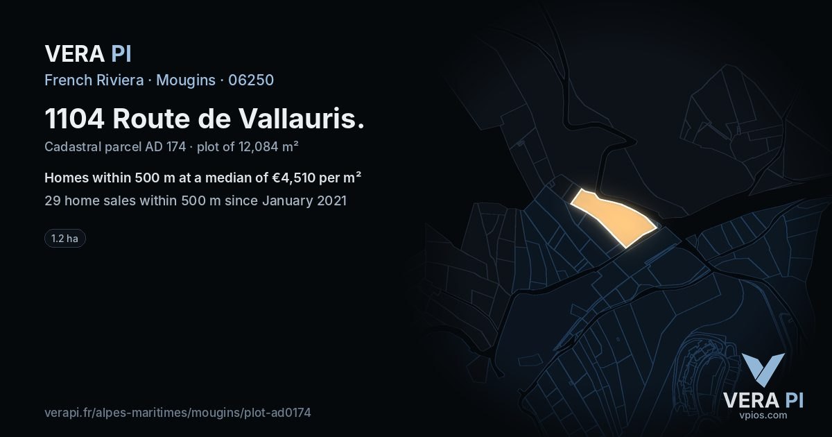 1104 Route de Vallauris, Mougins at night – the plot lit, the parcels around coloured by the prices near them