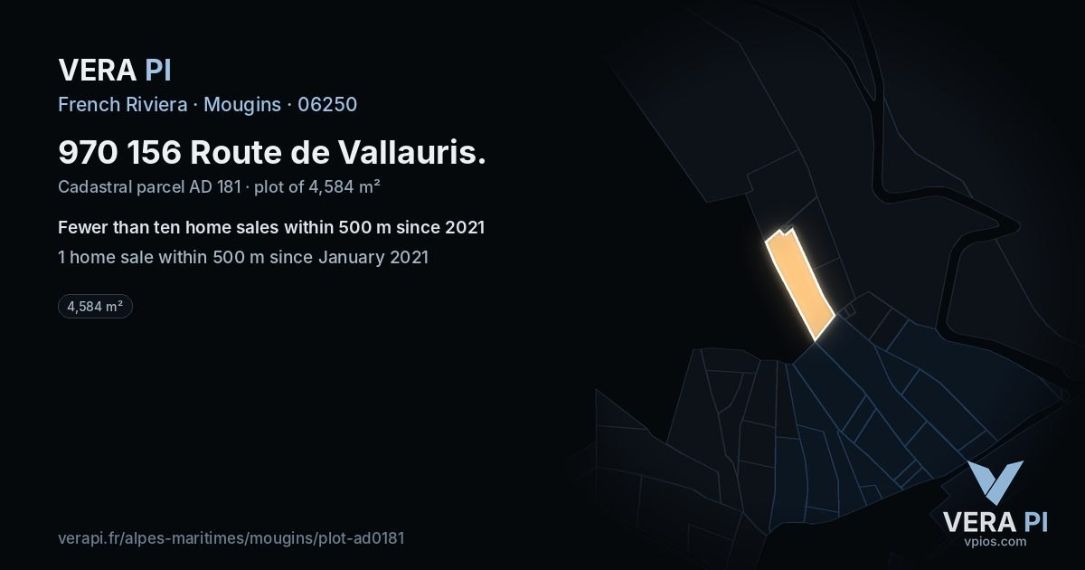 970 156 Route de Vallauris, Mougins at night – the plot lit, the parcels around coloured by the prices near them