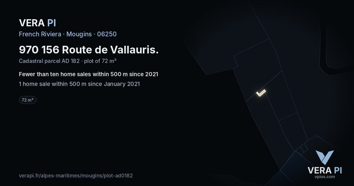 970 156 Route de Vallauris, Mougins at night – the plot lit, the parcels around coloured by the prices near them