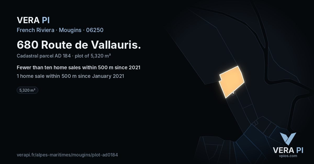 680 Route de Vallauris, Mougins at night – the plot lit, the parcels around coloured by the prices near them
