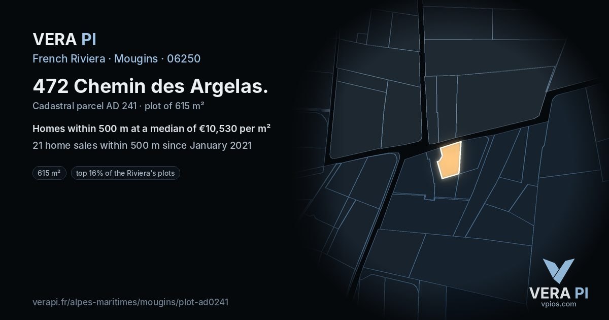 472 Chemin des Argelas, Mougins at night – the plot lit, the parcels around coloured by the prices near them